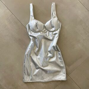 Naked Wardrobe Metallic Silver Faux Leather Midi Dress